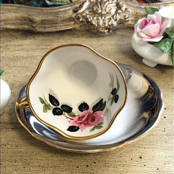 Windsor Fine Bone China Silver Ombré Teacup & Saucer Large Pink Cabbage Rose - Picture 4 of 7